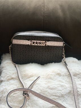 GUESS Brown and Beige Logo Crossbody with Gold Hardware